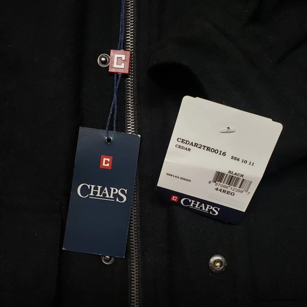 Chaps Jacket Coat Mens 44 Reg Black Waist Length 4 Pocket Full Zip Lined New